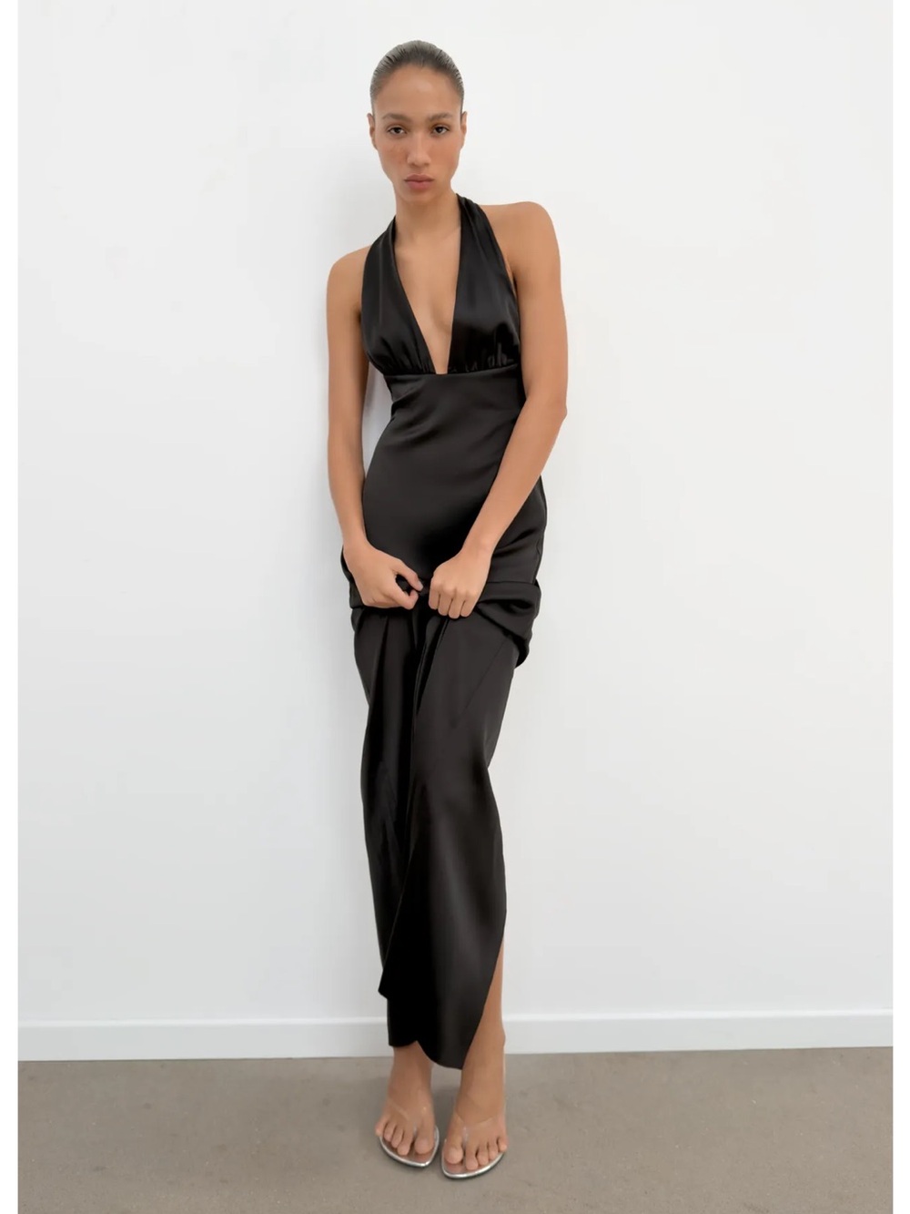 Satin Halter Plunge Neck Maxi Dress - Black